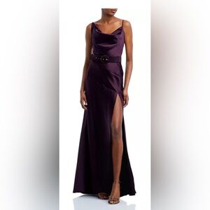 AQUA belted cowl neck gown